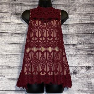 Dressy Burgundy Lace Sleeveless Turtleneck